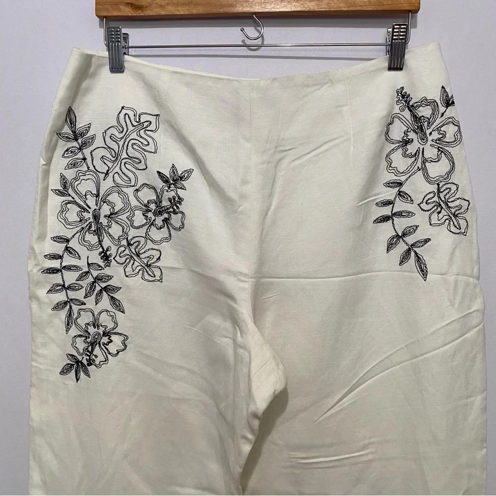 Alexandra Bartlett Women's Linen-Blend Pant Size 14 White Floral‎ Embroidered